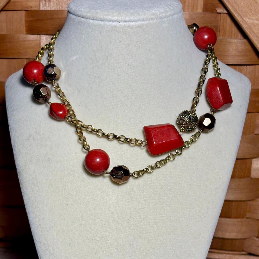 Vintage Red Bead Necklace: Mid Century Gold Chain
